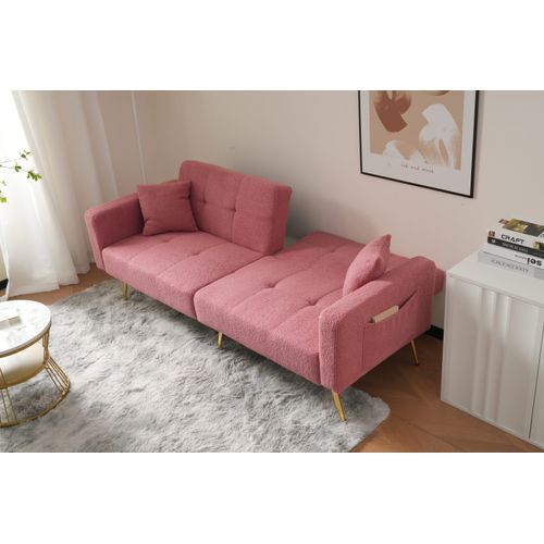 Canapé Convertible 2 Places 175x64 Cm Tissu Bouclé Rose Avec 2 Poches Latérales Et Pieds Dorés