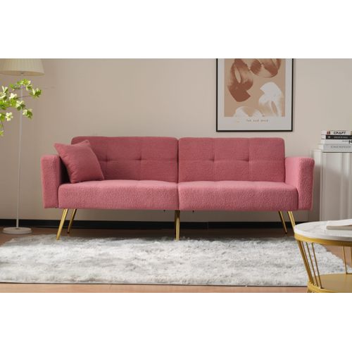 Canapé Convertible 2 Places 175x64 Cm Tissu Bouclé Rose Avec 2 Poches Latérales Et Pieds Dorés