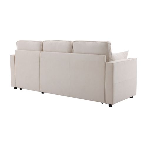 Canapé D'angle Convertible 3 Places Avec Porte-gobelet Et Coffre Rangement, Coton-lin Beige