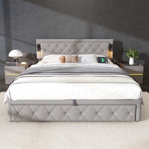 Lit Coffre 180x200 Cm 2 Places Adulte Avec Tête En Lin Gris, Lampes LED Et Rangement Hydraulique