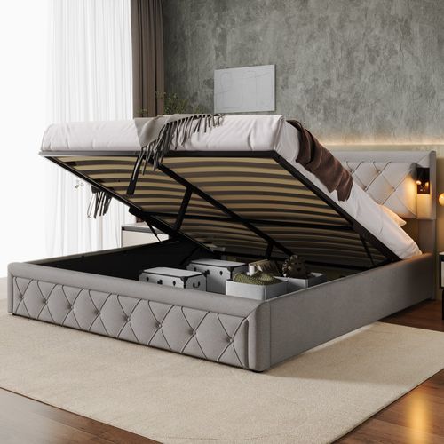 Lit Coffre 180x200 Cm 2 Places Adulte Avec Tête En Lin Gris, Lampes LED Et Rangement Hydraulique