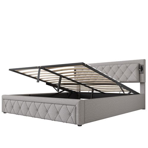 Lit Coffre 180x200 Cm 2 Places Adulte Avec Tête En Lin Gris, Lampes LED Et Rangement Hydraulique