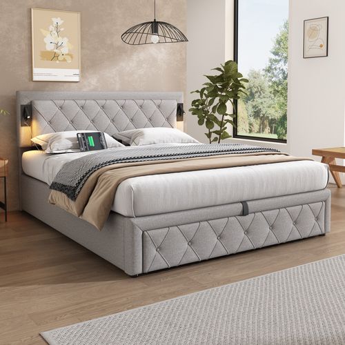 Lit Coffre 160x200 Cm Avec Tête En Lin Gris, 2 Lampes LED Et Rangement Hydraulique