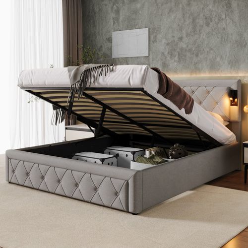 Lit Coffre 160x200 Cm Avec Tête En Lin Gris, 2 Lampes LED Et Rangement Hydraulique