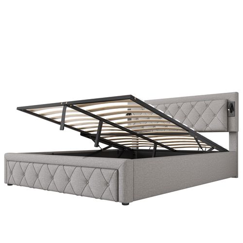 Lit Coffre 160x200 Cm Avec Tête En Lin Gris, 2 Lampes LED Et Rangement Hydraulique