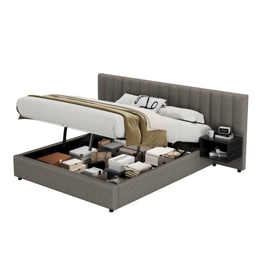 Lit Coffre 160x200 Cm Avec 2 Tables De Chevet, Grand Tête De Lit Et Sommier à Lattes, Lin Gris-noir