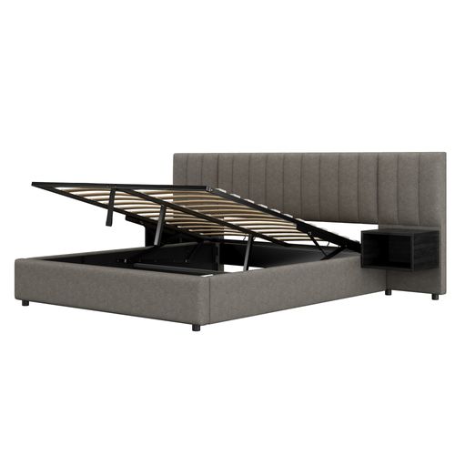 Lit Coffre 160x200 Cm Avec 2 Tables De Chevet, Grand Tête De Lit Et Sommier à Lattes, Lin Gris-noir
