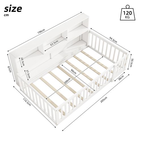 Lit Enfant 90x200 Cm Lit Bébé Au Sol En Pin Blanc Avec Rangements Et Sommier à Lattes