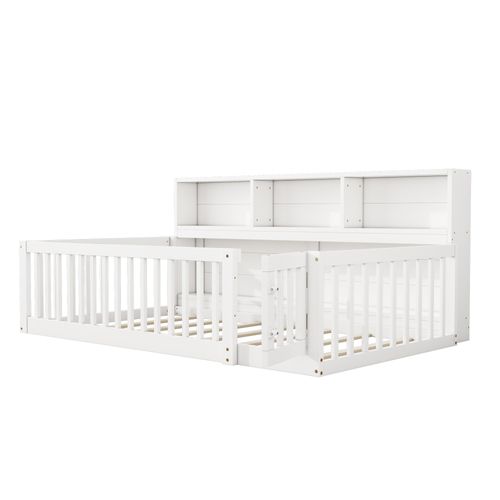 Lit Enfant 90x200 Cm Lit Bébé Au Sol En Pin Blanc Avec Rangements Et Sommier à Lattes