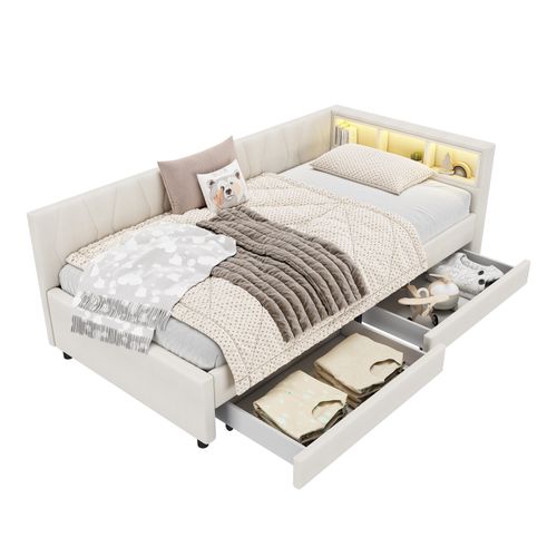Lit Enfant 90x200 Cm En Lin Beige, LED Avec 2 Tiroirs, Ports USB/type-c, Sommier à Lattes