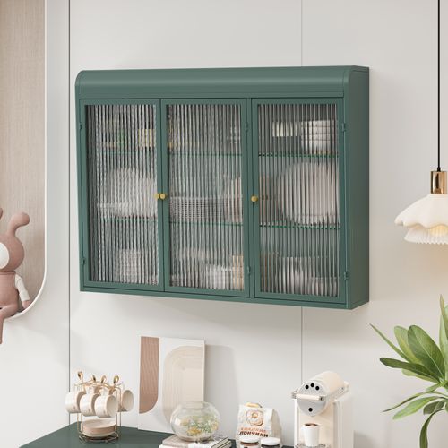 Armoire Murale 3 Portes Cintrées En Métal Et Verre, Vert Foncé