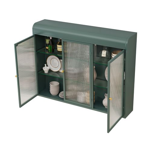 Armoire Murale 3 Portes Cintrées En Métal Et Verre, Vert Foncé