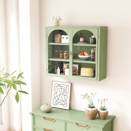 Armoire Murale 70 Cm, 2 Portes Avec 3 Étagères, Métal Vert, Motif Tressé
