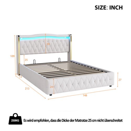 Lit Double Coffre 140x200 Cm En Velours, Lit Adulte Avec LED, Rangement Et Sommier, Beige