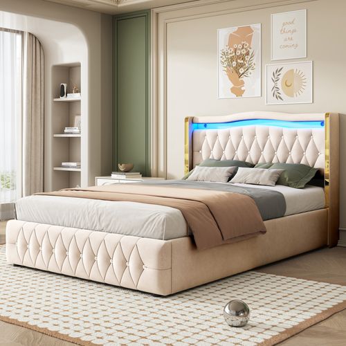 Lit Double Coffre 140x200 Cm En Velours, Lit Adulte Avec LED, Rangement Et Sommier, Beige