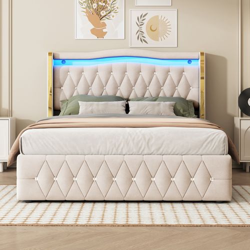 Lit Double Coffre 140x200 Cm En Velours, Lit Adulte Avec LED, Rangement Et Sommier, Beige