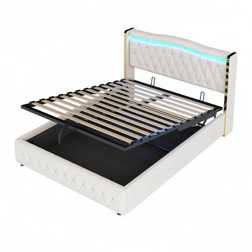 Lit Double Coffre 140x200 Cm En Velours, Lit Adulte Avec LED, Rangement Et Sommier, Beige