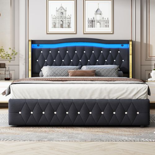 Lit Adulte Coffre 160x200 Cm En Velours Noir Avec LED Multicolore Et Rangement Hydraulique