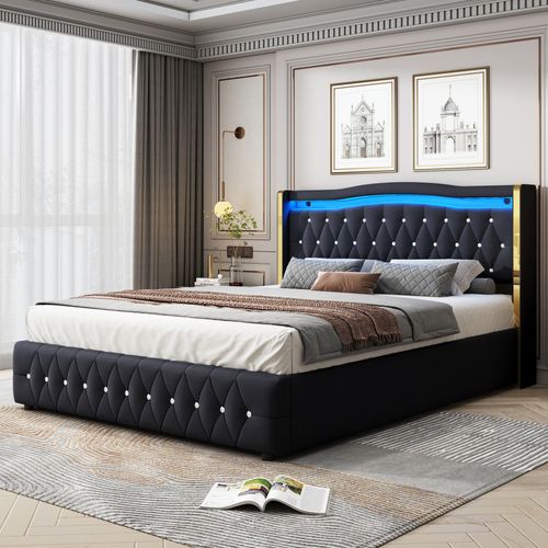 Lit Adulte Coffre 160x200 Cm En Velours Noir Avec LED Multicolore Et Rangement Hydraulique