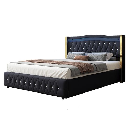 Lit Adulte Coffre 160x200 Cm En Velours Noir Avec LED Multicolore Et Rangement Hydraulique