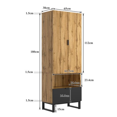 Armoire D'entrée Bois Chêne Et Noir 180x65x38 Cm Avec Rangements, Tiroir Et Étagères Réglables