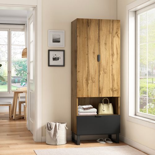Armoire D'entrée Bois Chêne Et Noir 180x65x38 Cm Avec Rangements, Tiroir Et Étagères Réglables