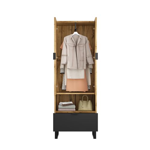 Armoire D'entrée Bois Chêne Et Noir 180x65x38 Cm Avec Rangements, Tiroir Et Étagères Réglables