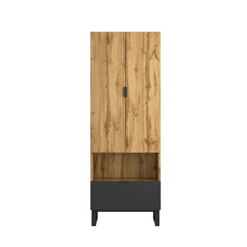 Armoire D'entrée Bois Chêne Et Noir 180x65x38 Cm Avec Rangements, Tiroir Et Étagères Réglables