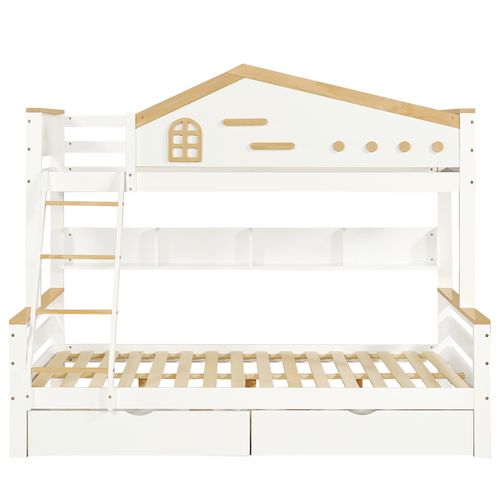 Lit Superposé 90x200 et 140x200 Cm, Bois Blanc/naturel, Avec 2 Tiroirs Et Étagères Ouvertes