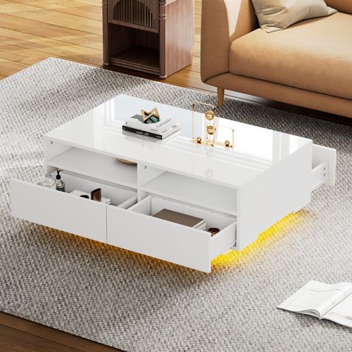Table Basse Blanc 90x55x35 Cm Avec 4 Tiroirs, Éclairage LED 16 Couleurs USB