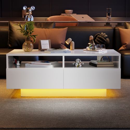 Table Basse Blanc 90x55x35 Cm Avec 4 Tiroirs, Éclairage LED 16 Couleurs USB