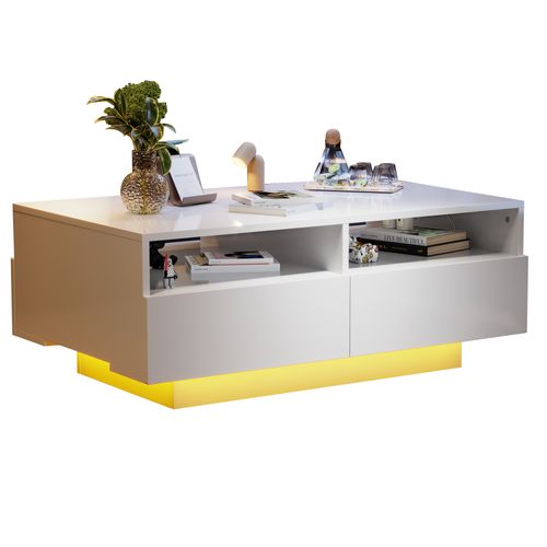 Table Basse Blanc 90x55x35 Cm Avec 4 Tiroirs, Éclairage LED 16 Couleurs USB