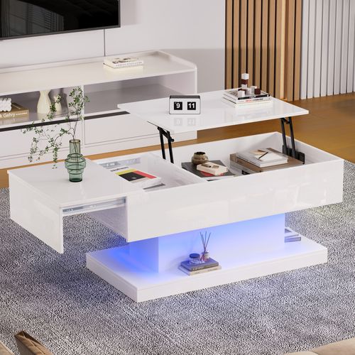 Table Basse Blanche Laqué LED 100x50x45 Cm, Plateau Relevable Et Coulissant Avec Rangements
