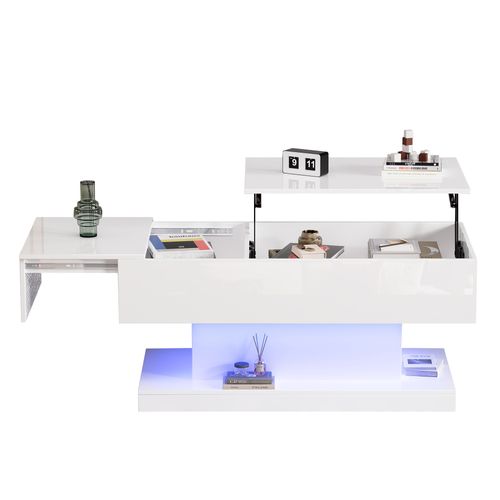 Table Basse Blanche Laqué LED 100x50x45 Cm, Plateau Relevable Et Coulissant Avec Rangements