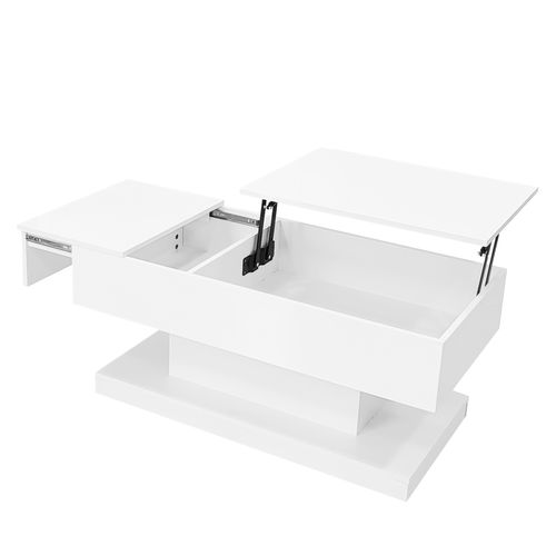 Table Basse Blanche Laqué LED 100x50x45 Cm, Plateau Relevable Et Coulissant Avec Rangements