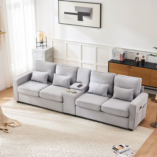 Canapé 4 Places 290 X 83 X 88 Cm Lin Gris Avec Console, 2 Porte-gobelets, Ports USB Et 4 Coussins