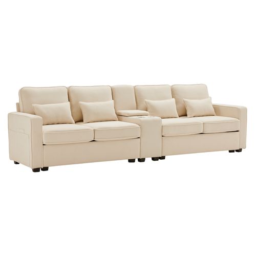 Canapé 4 Places 290×83×88 Cm Lin Beige Avec Console, 2 Porte-gobelets, Ports USB Et Rangements