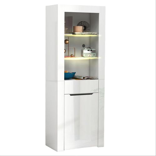 Vitrine LED 60x35,5x165 Cm Blanc Laqué Avec 1 Porte, 1 Tiroir Et 2 Étagères