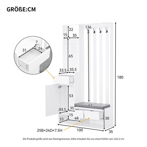 Vestiaire D'entrée Blanc Multifonction Avec Banc De Rangement H180 X L100 X P35 Cm