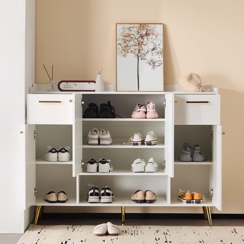 Meuble à Chaussures 130x37x100 Cm Avec 2 Tiroirs Et 4 Portes, Pieds Métal, Blanc