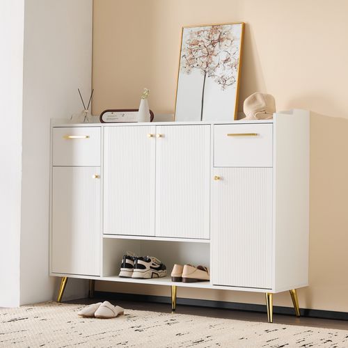 Meuble à Chaussures 130x37x100 Cm Avec 2 Tiroirs Et 4 Portes, Pieds Métal, Blanc