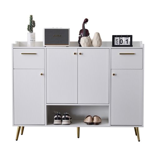 Meuble à Chaussures 130x37x100 Cm Avec 2 Tiroirs Et 4 Portes, Pieds Métal, Blanc