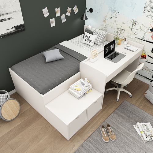 Lit Enfant 90x200 Cm Avec Bureau Et 2 Tiroirs, Bois Blanc, Sommier à Lattes