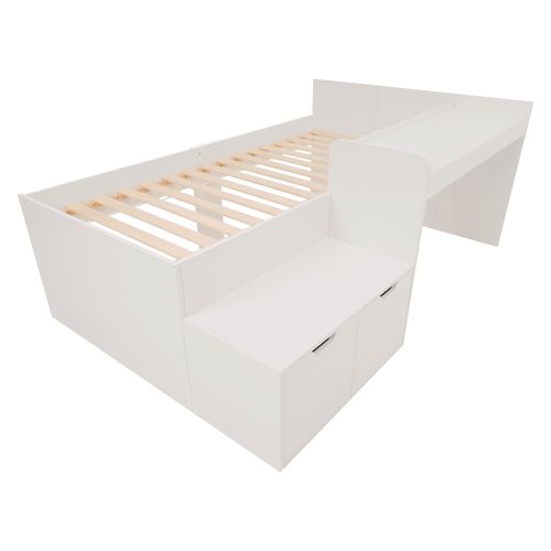 Lit Enfant 90x200 Cm Avec Bureau Et 2 Tiroirs, Bois Blanc, Sommier à Lattes