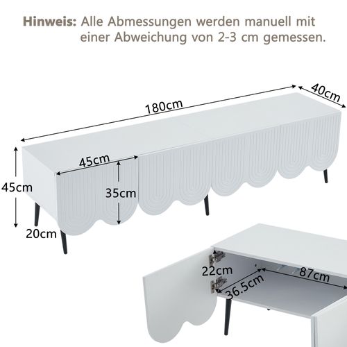Meuble TV 180 X 40 X 45 Cm Blanc Pour TV Jusqu'à 80'', 4 Portes Et Gestion Des Câbles