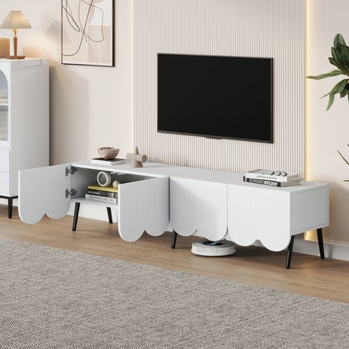 Meuble TV 180 X 40 X 45 Cm Blanc Pour TV Jusqu'à 80'', 4 Portes Et Gestion Des Câbles