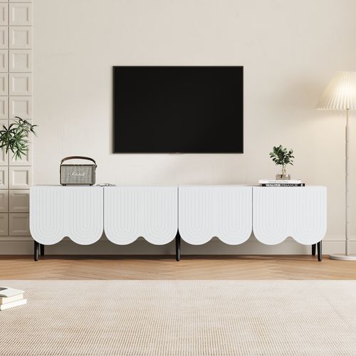 Meuble TV 180 X 40 X 45 Cm Blanc Pour TV Jusqu'à 80'', 4 Portes Et Gestion Des Câbles