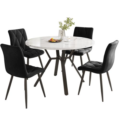 Ensemble Table à Manger Ronde 100 Cm Et 4 Chaises Velours, 5 Pièces, Métal Noir