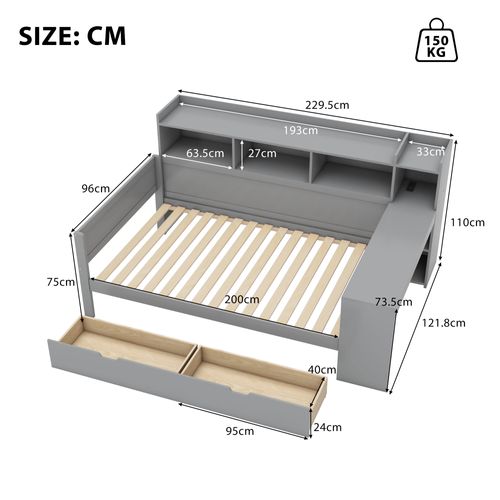 Lit Enfant 90x200 Cm Avec 2 Tiroirs, Bureau Intégré Et Ports USB, Rangement Pratique, Gris