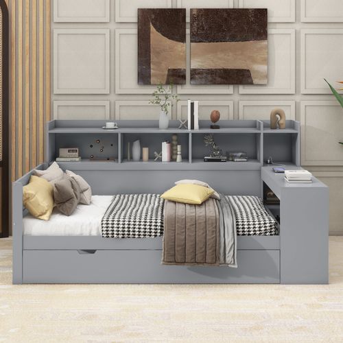 Lit Enfant 90x200 Cm Avec 2 Tiroirs, Bureau Intégré Et Ports USB, Rangement Pratique, Gris